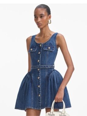 self-portrait Flared Denim Mini Dress US6 - MSRP $380 -  NWT